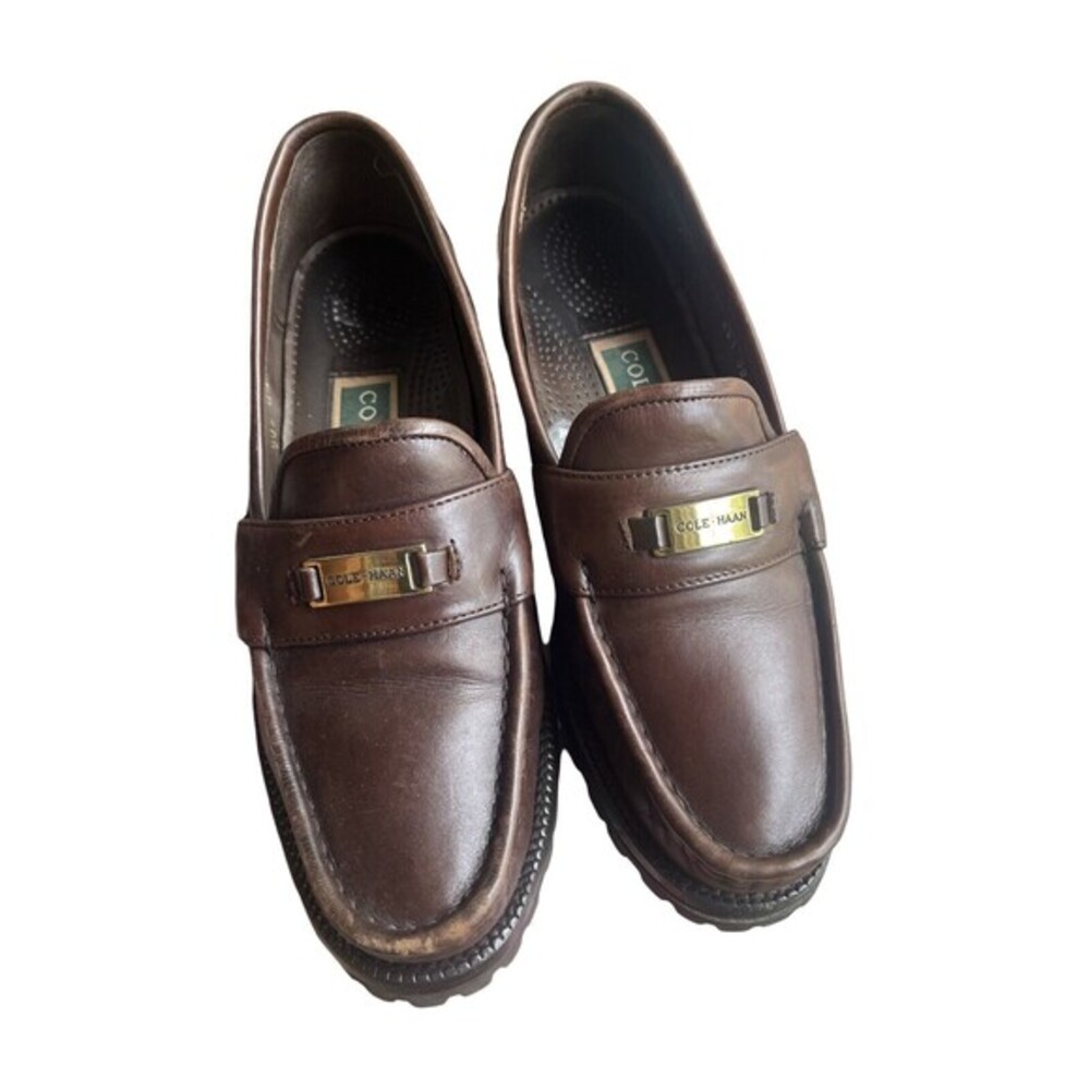 Cole Haan Women Classic Brown Gold Lug Sole Leather Round Penny Loafers-7.5AA